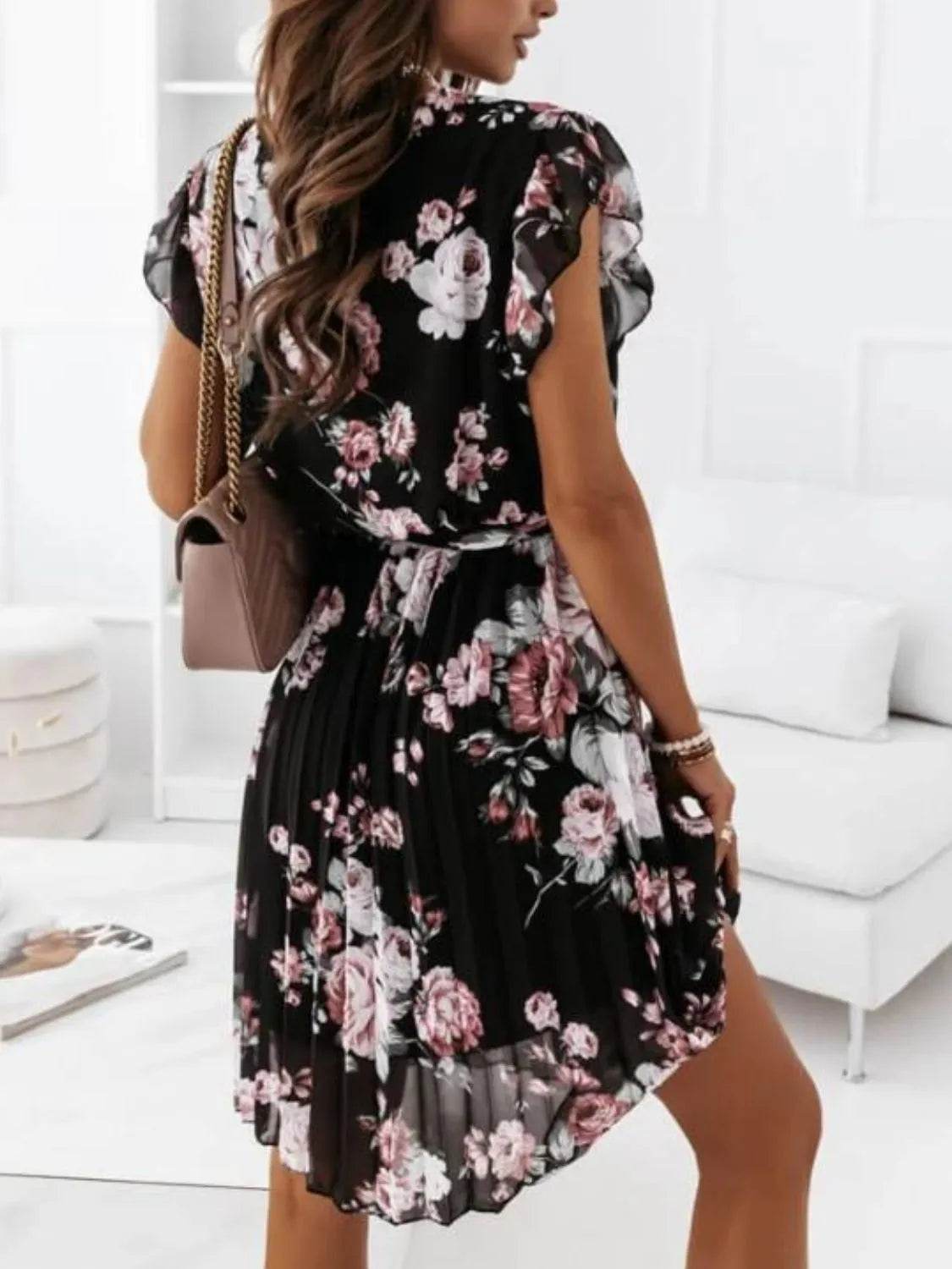 Floral Surplice Ruffled Cap Sleeve Dress.