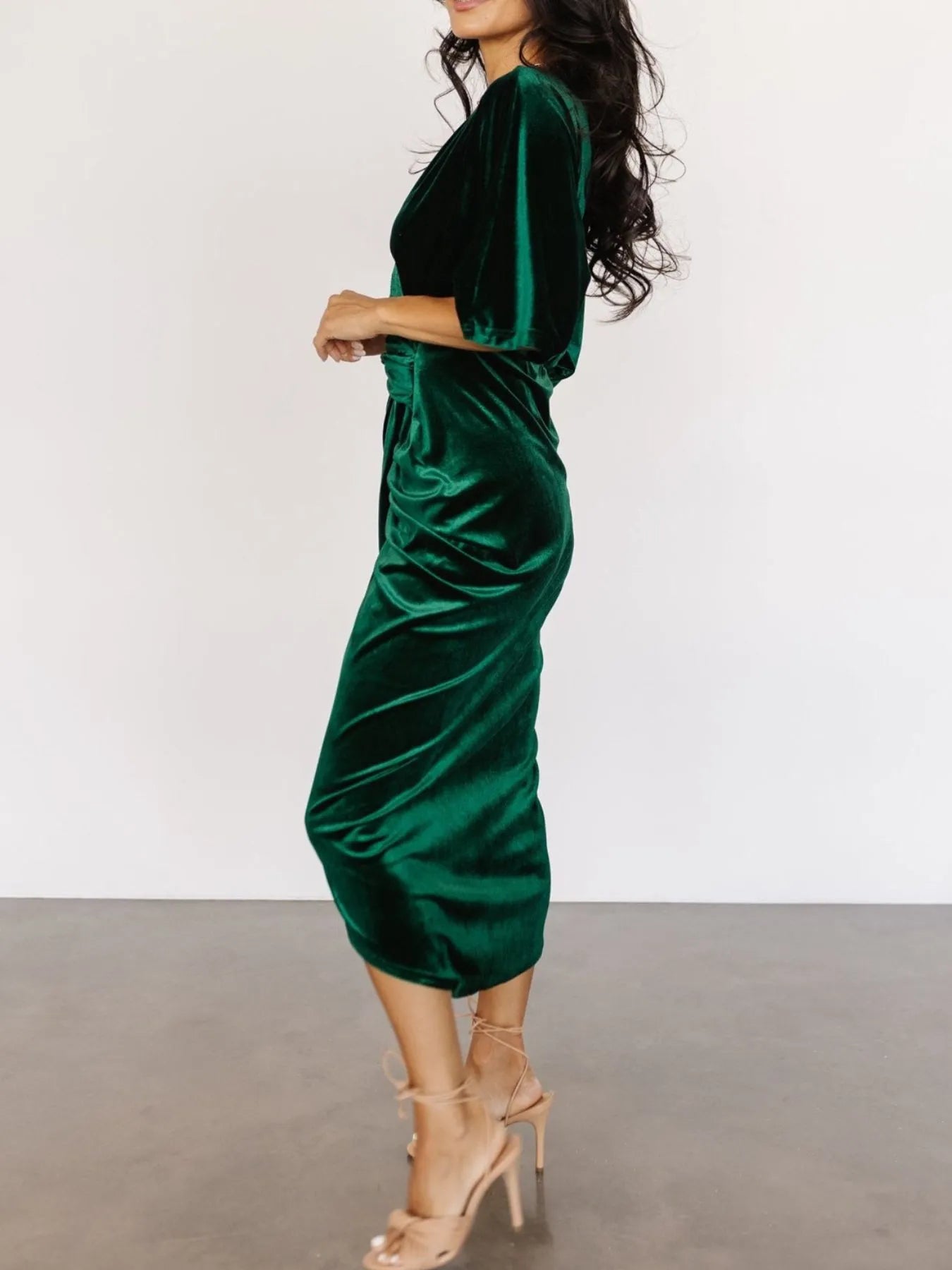 Ruched Surplice Half Sleeve Dress.