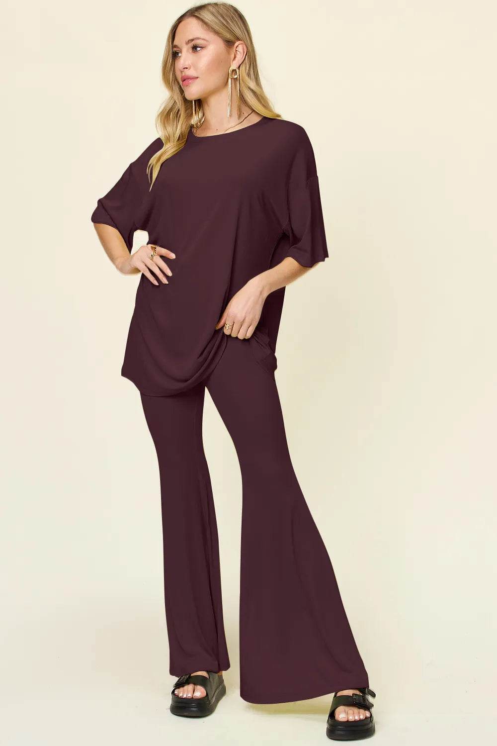 Double Take T-Shirt and Pants Set: Full Size Round Neck Drop Shoulder Style with Flare Pants - EBYNN