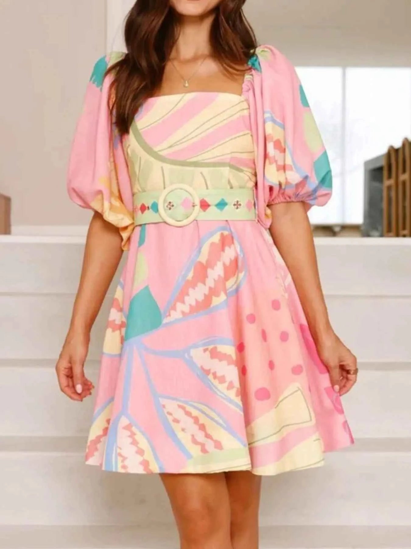 Printed Square Neck Puff Sleeve Dress.