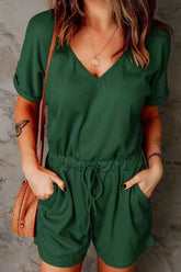 Full Size Drawstring V-Neck Short Sleeve Romper.