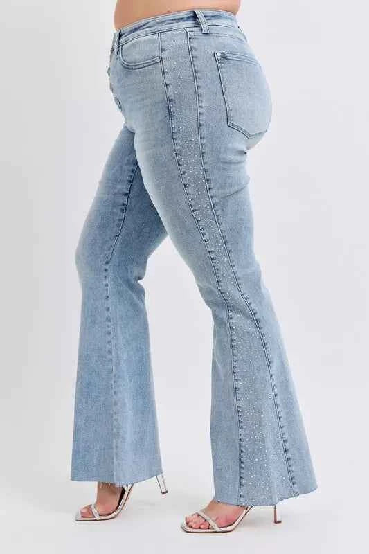 Judy Blue Plus Size Mid Rise Flare Jeans with Rhinestone Detail.