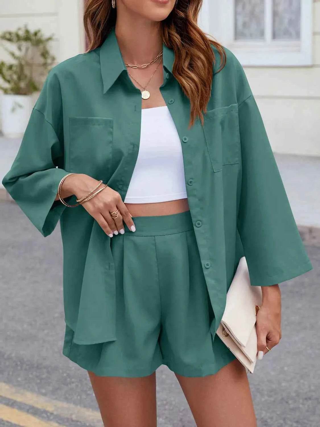Button Up Long Sleeve Top and Shorts Set - EBYNN