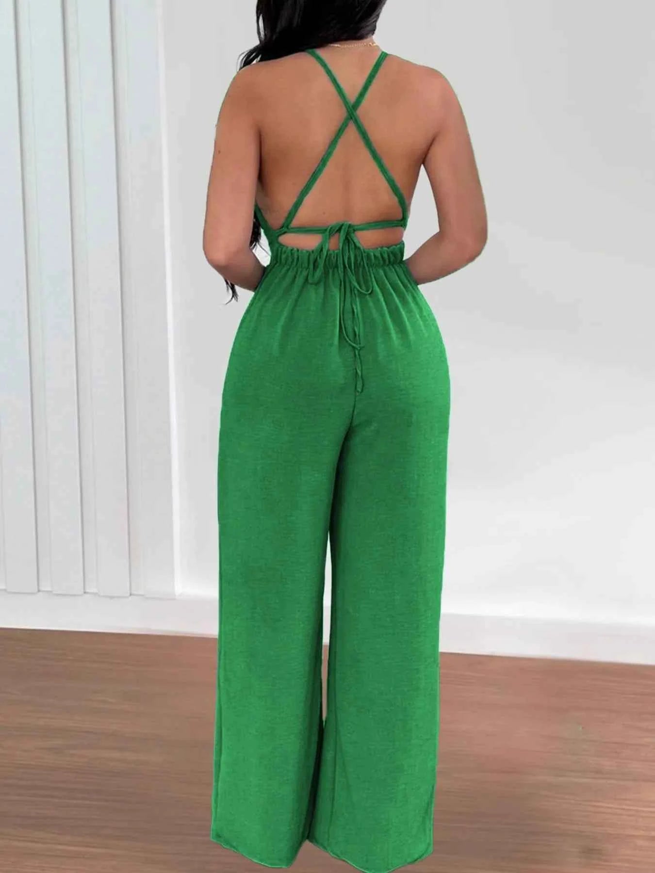 Crisscross Back V-Neck Wide Leg Jumpsuit.