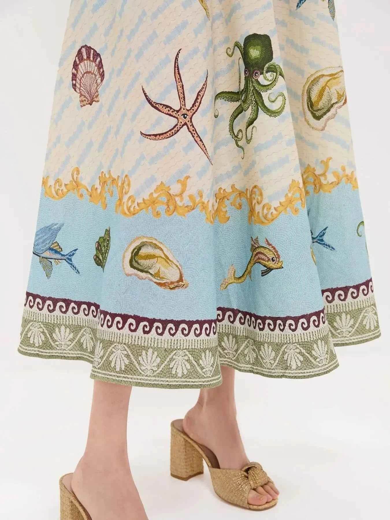 Ocean Print Spaghetti Strap Midi Dress.