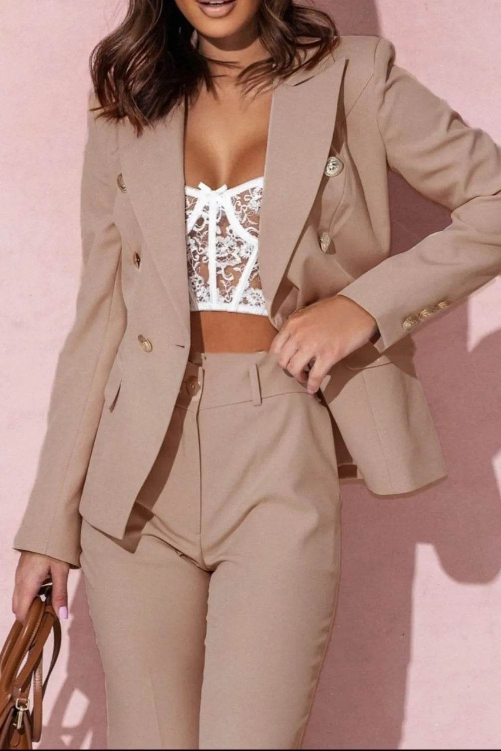Plus Size Full Size Lapel Collar Blazer and Pants Set - EBYNN