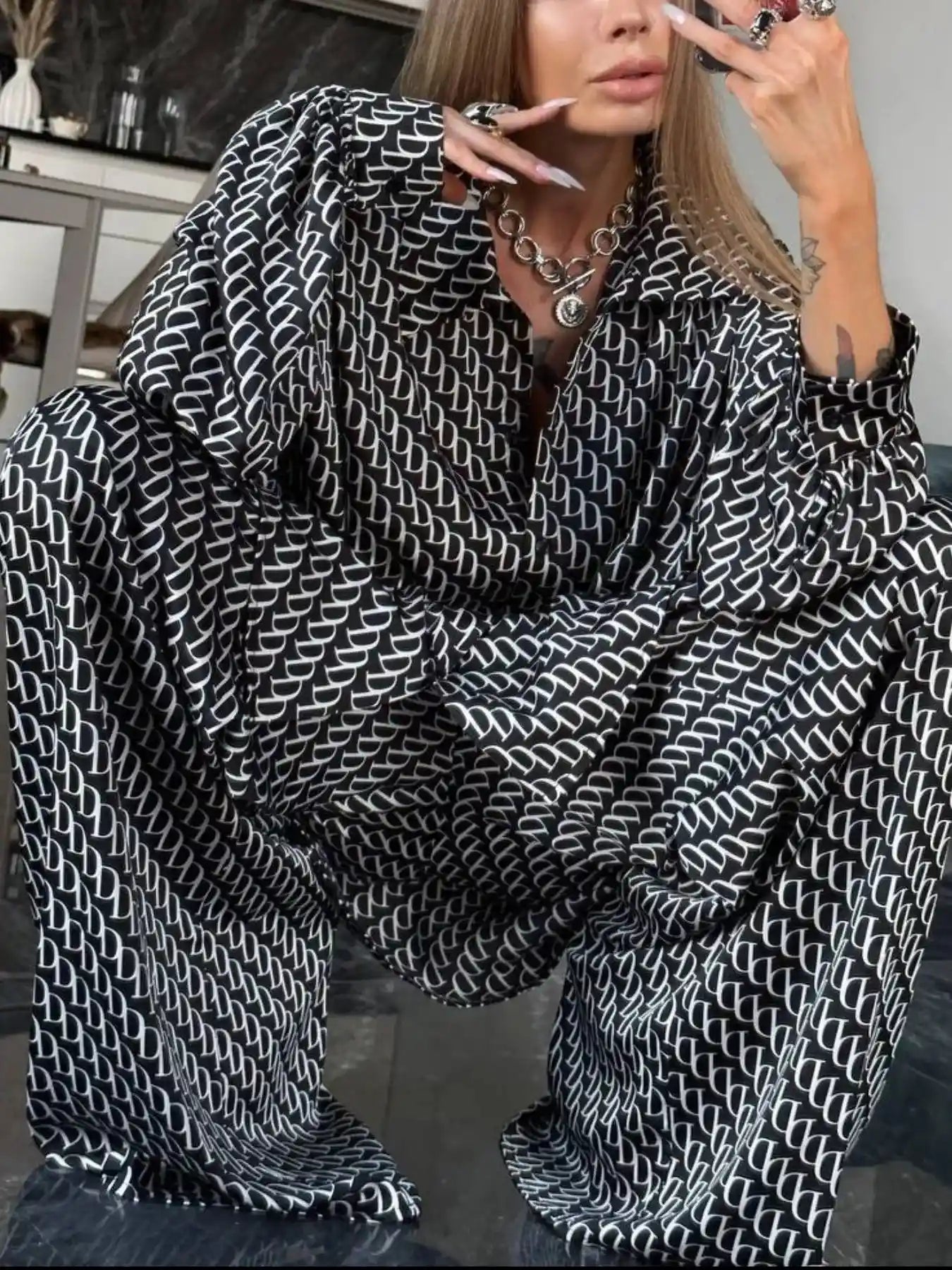 Printed Button Up Shirt and Pants Set.