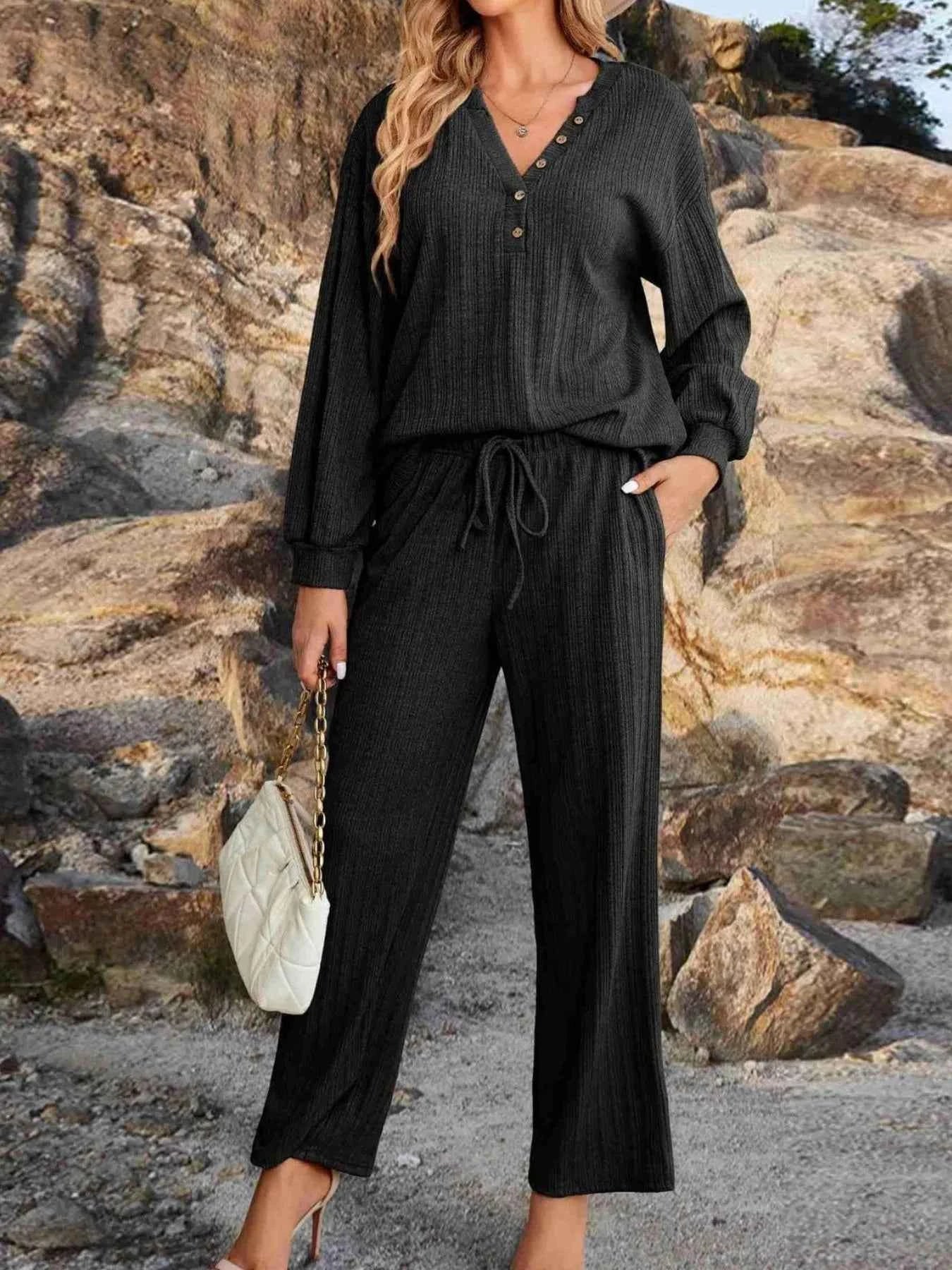 Ribbed Knit Top and Pants Lounge Set with Button Detail.