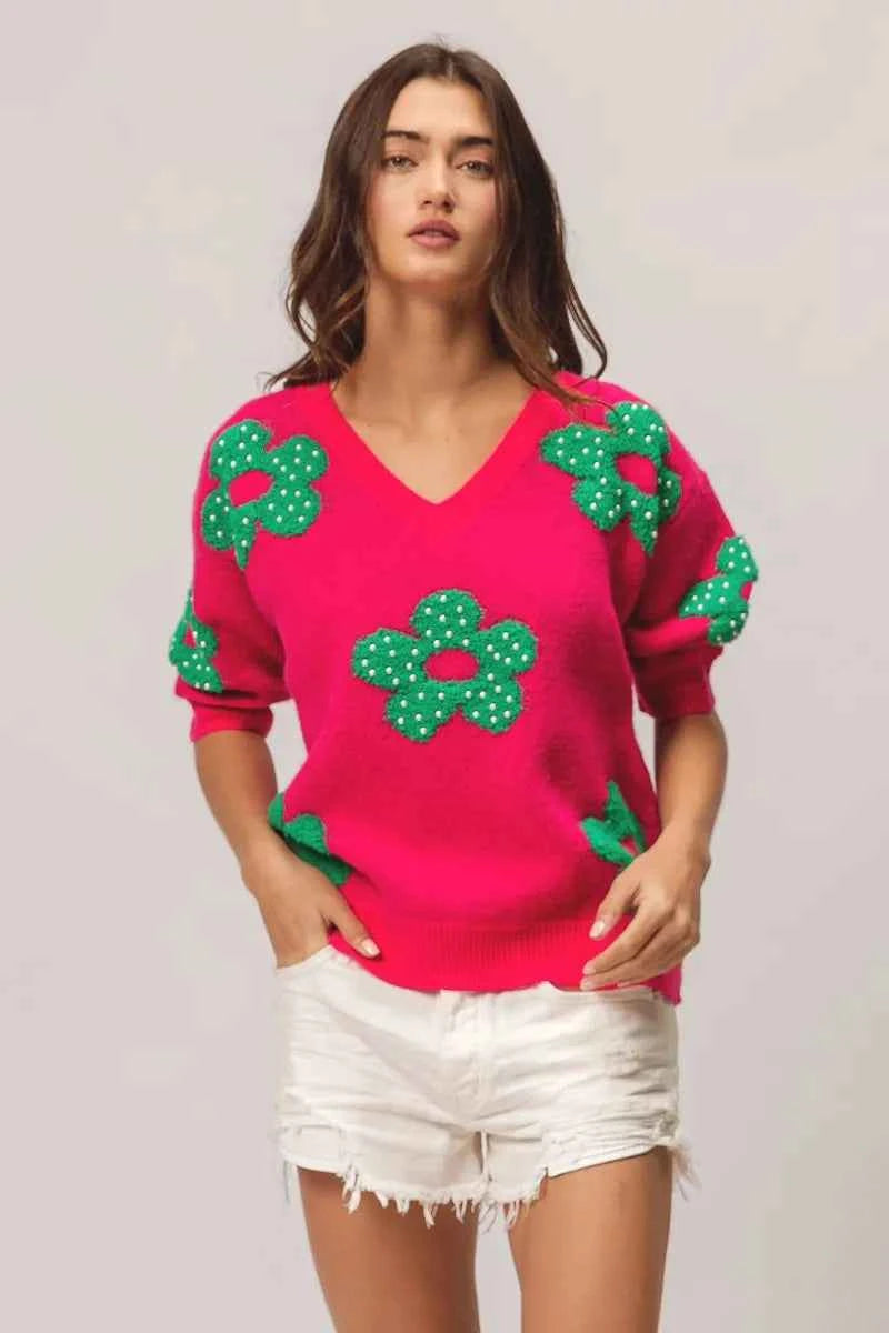 BiBi Pearl Beads Flowers Sweater Top.