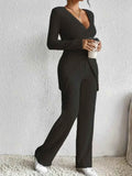 Surplice Long Sleeve Top and Pants Set - EBYNN