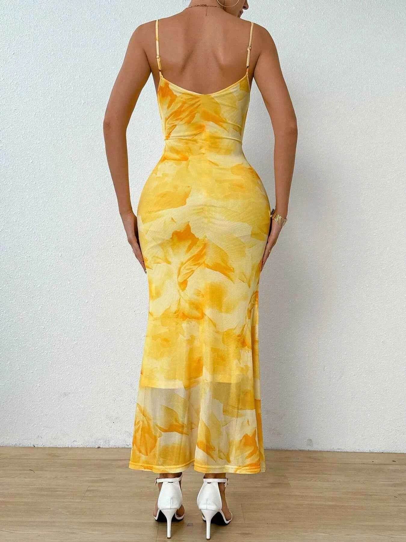 Tie-Dye Ruched Bodycon Mesh Cami Maxi Dress.