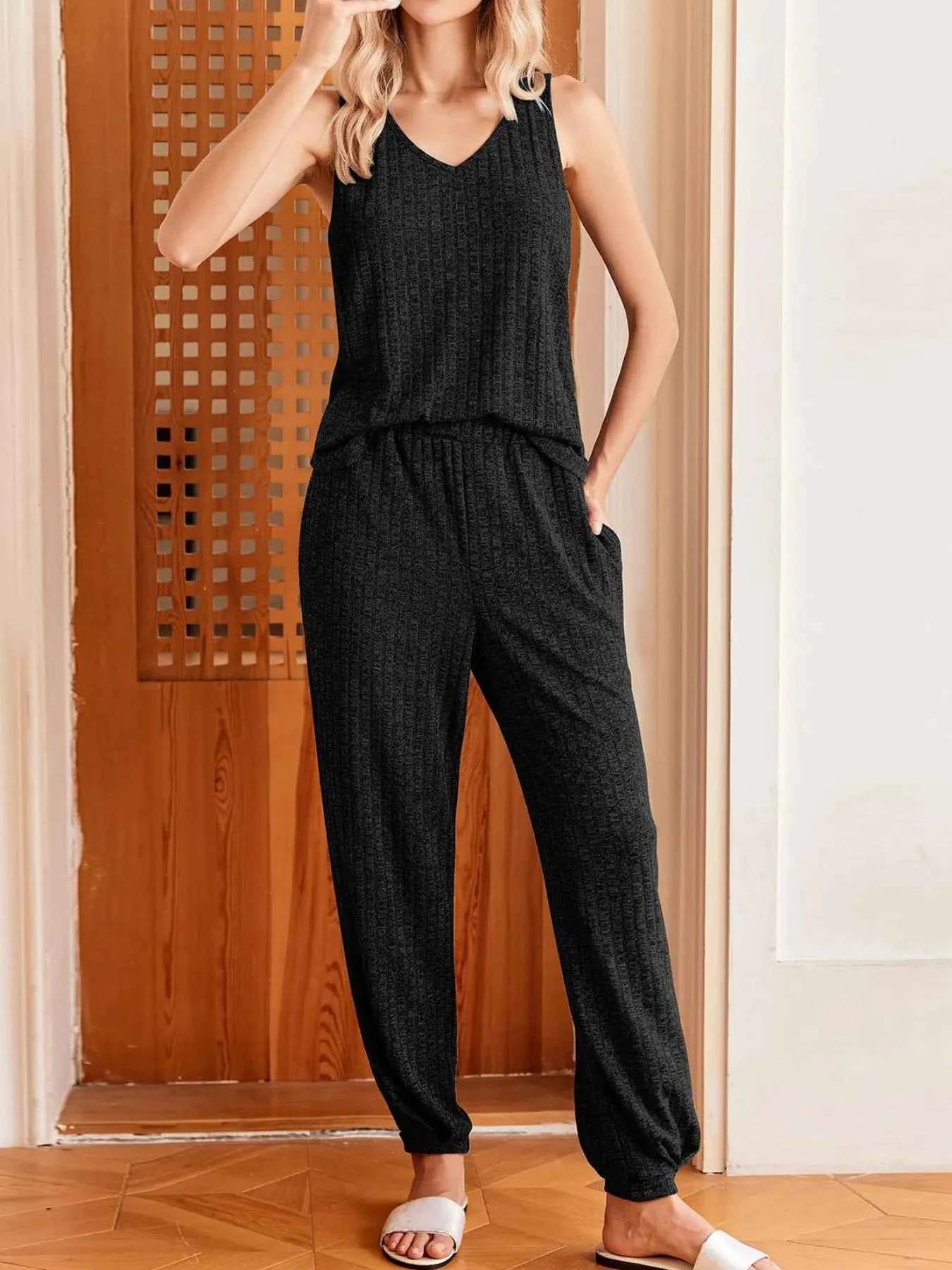 Ribbed Knit V-Neck Tank and Pants Lounge Set.