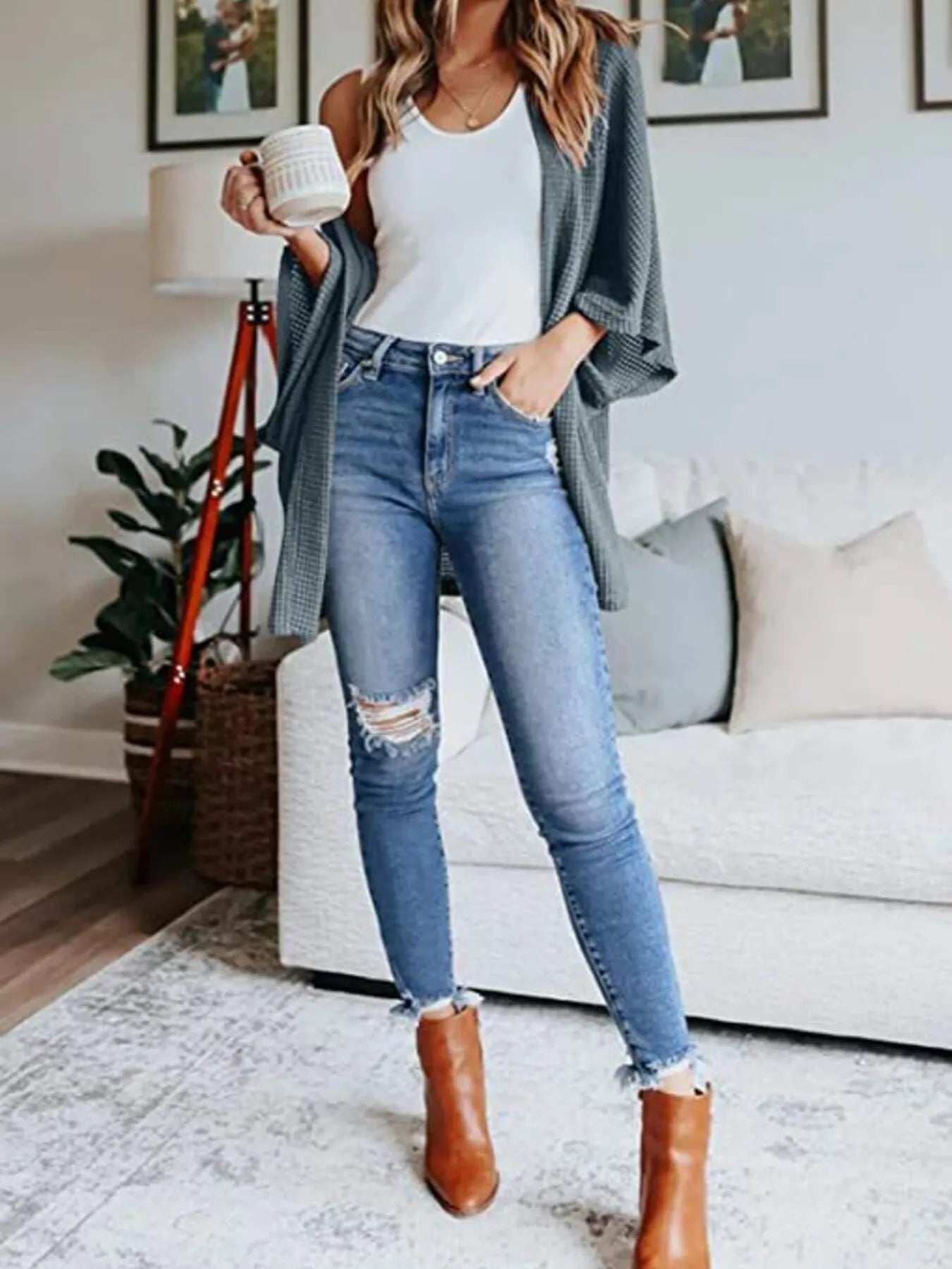 Plus Size Open Front Waffle Knit Cardigan.