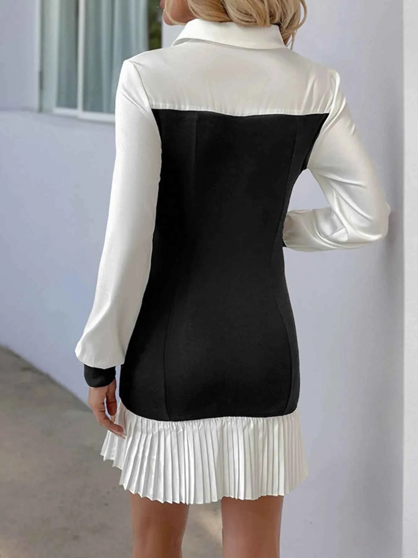 Two Tone Pleated Long Sleeve Shirt Dress.