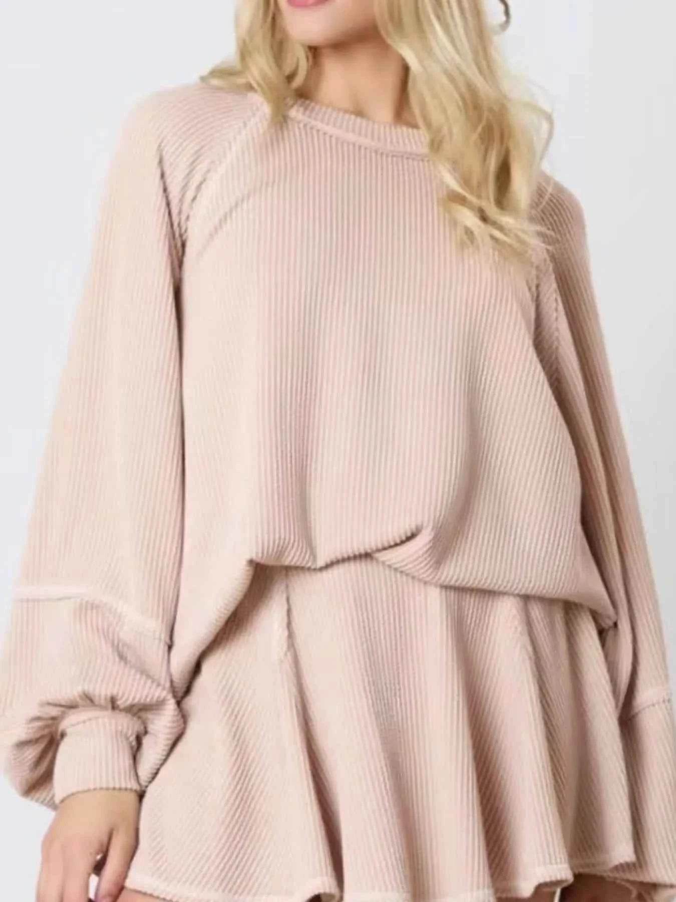 Ribbed Knit Balloon Sleeve Top and Skirt Set - EBYNN