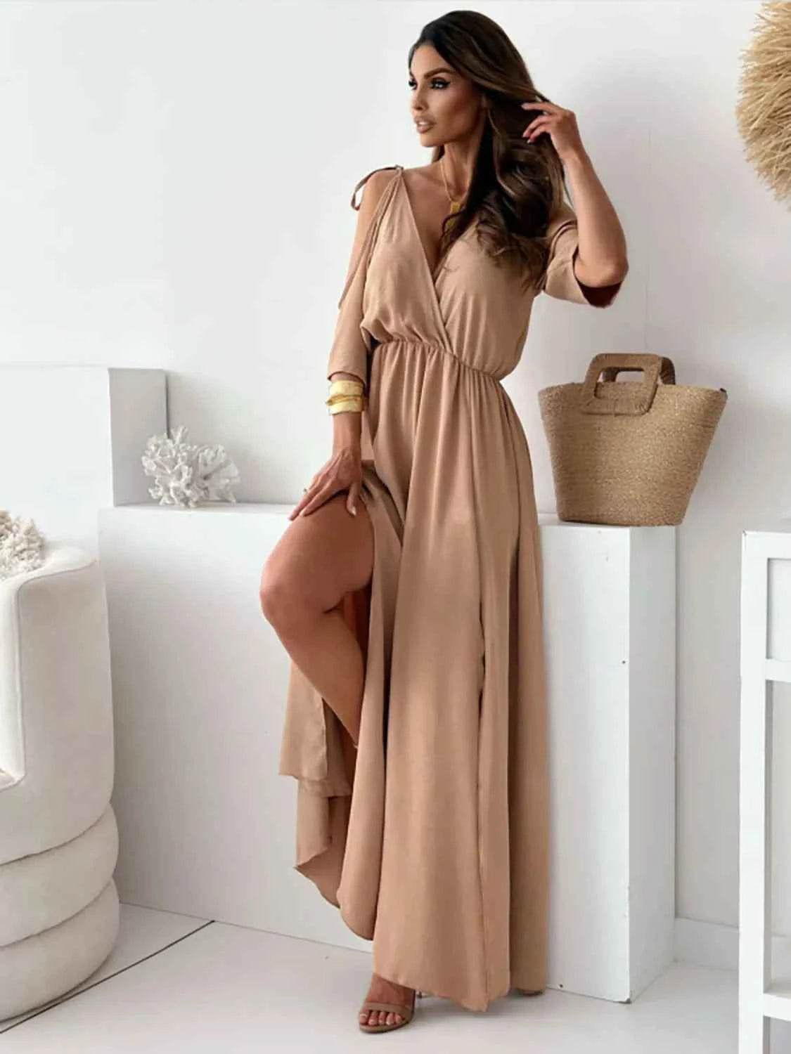 Tied Shoulder Slit Maxi Dress.