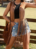 Fringe Cutout Detail Sleeveless Vest Coat.