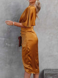 One-Shoulder Satin Wrap Dress with Side Slit.
