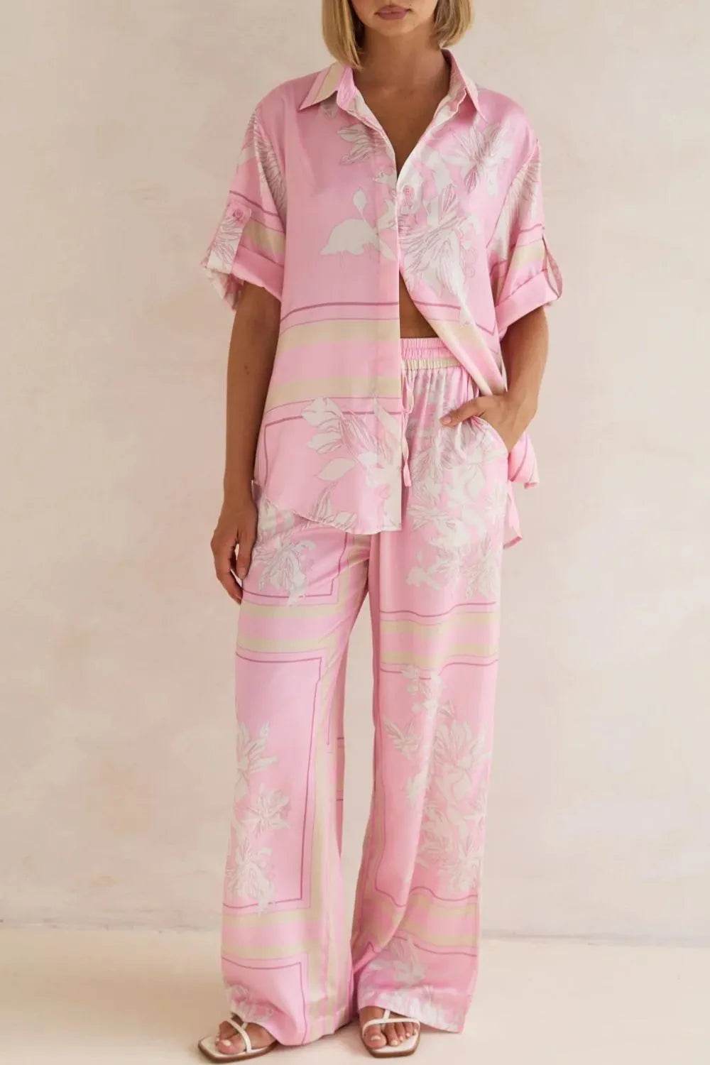 Printed Button Up Shirt and Pants Set - EBYNN