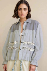 Floral Trim Ruffle Washed Shacket.