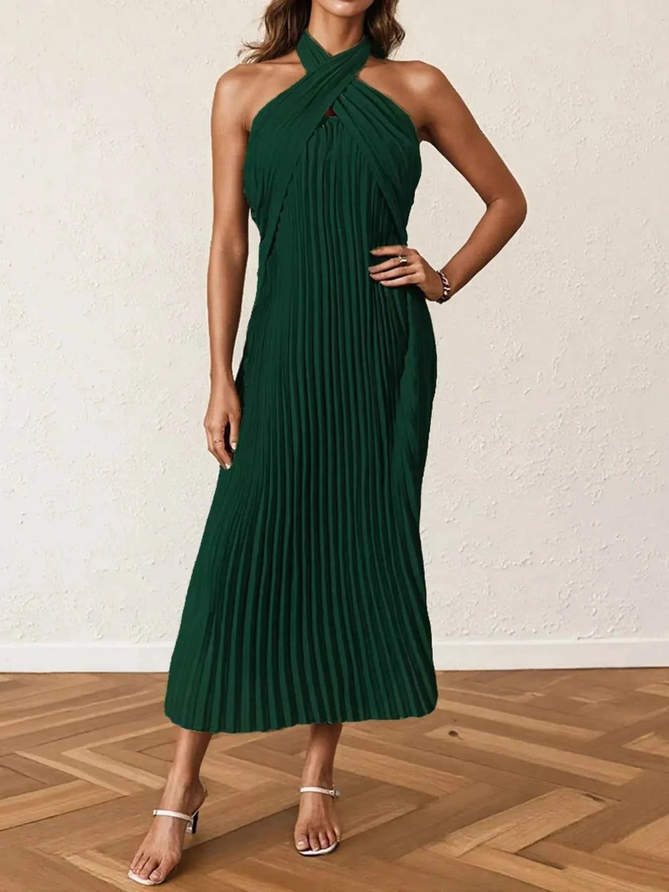 Pleated Halter Neck Midi Dress.