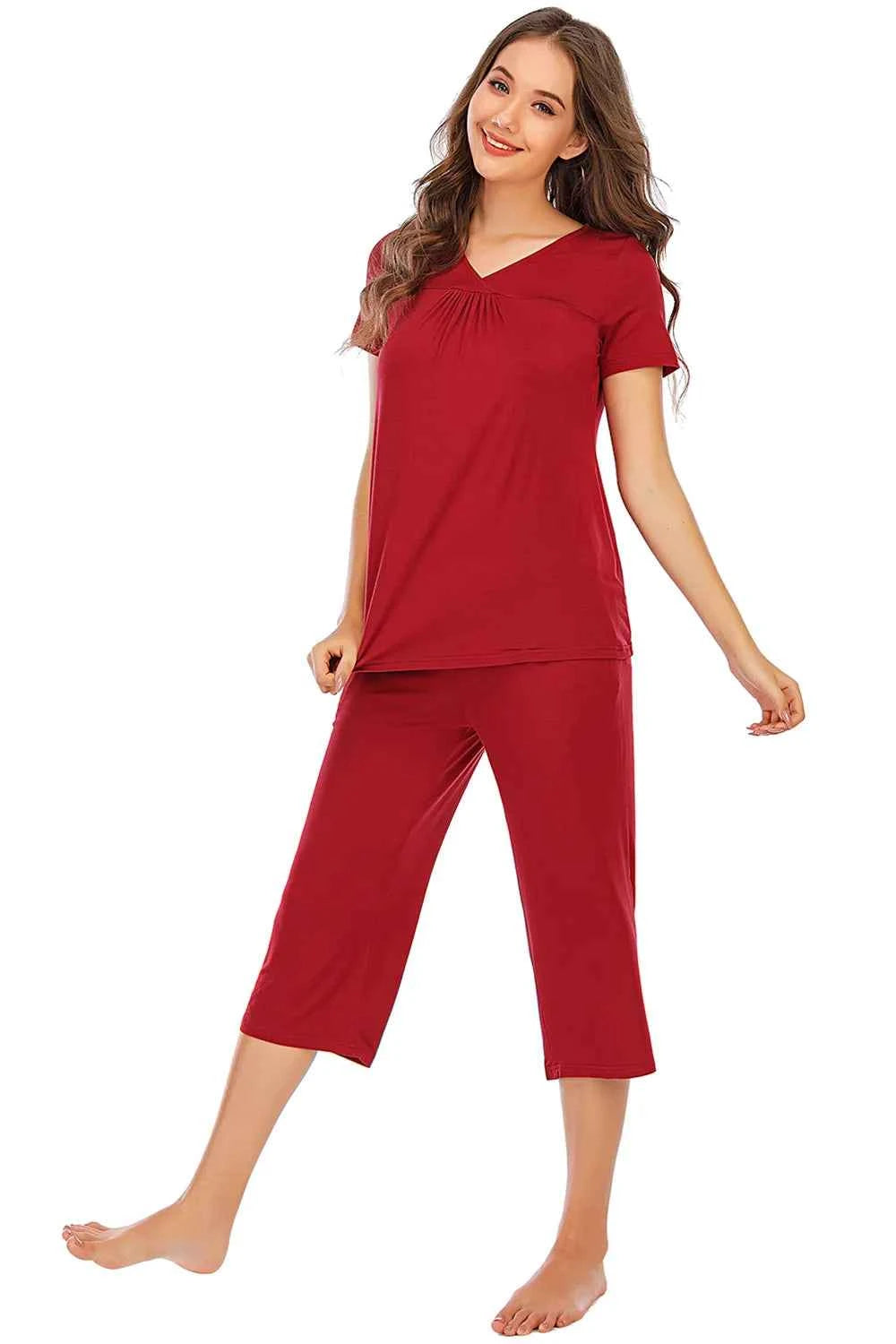 V-Neck Short Sleeve Lounge Set with Pants.