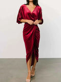 Ruched Surplice Half Sleeve Dress.