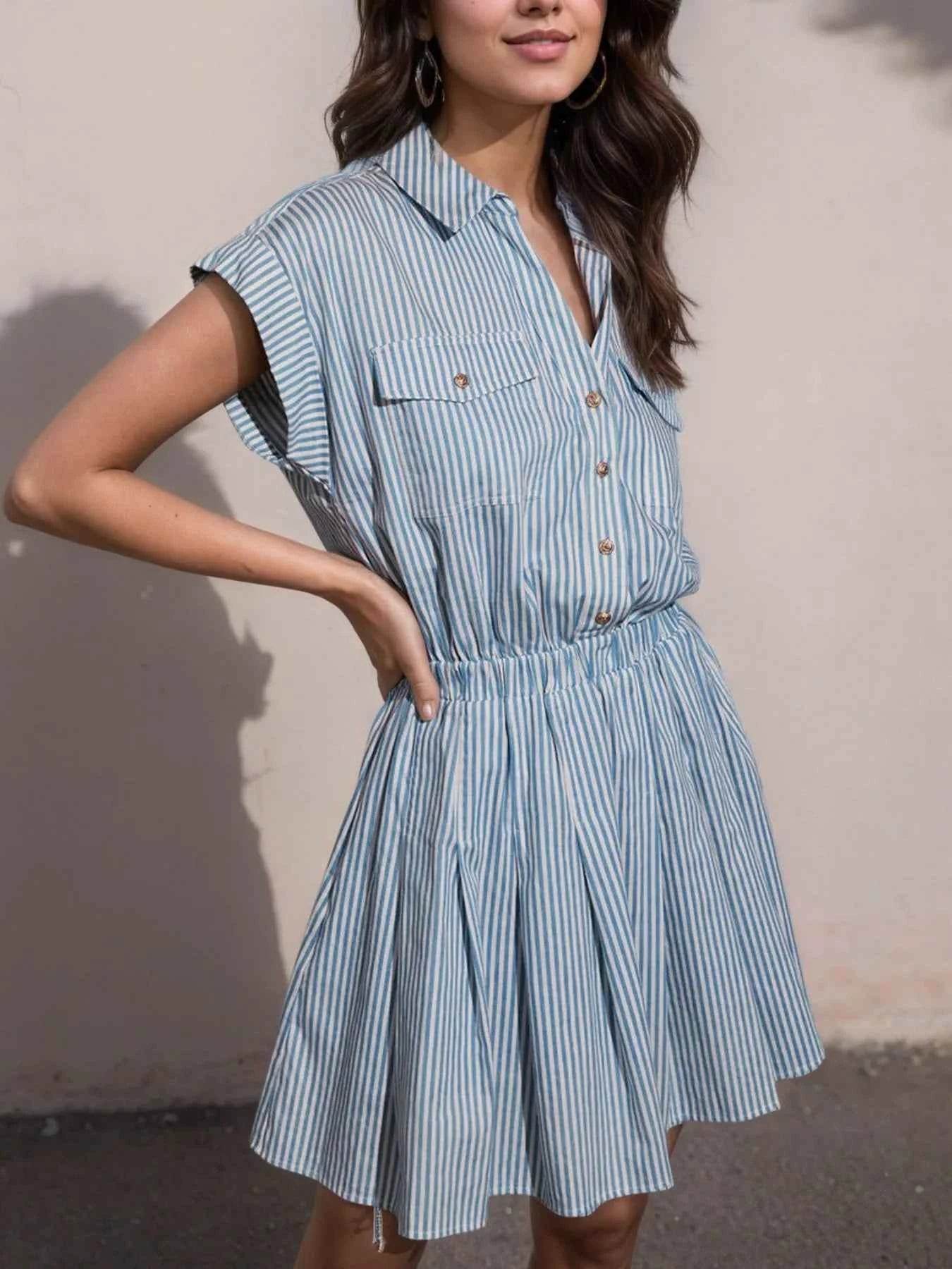 Half Button Striped Cap Sleeve Mini Shirt Dress.