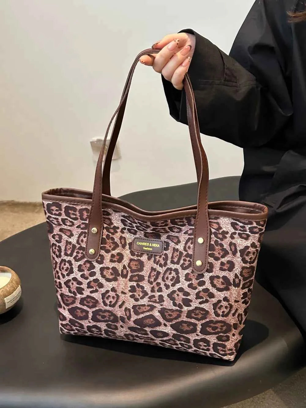 Large Leopard Print Polyester Tote Bag.