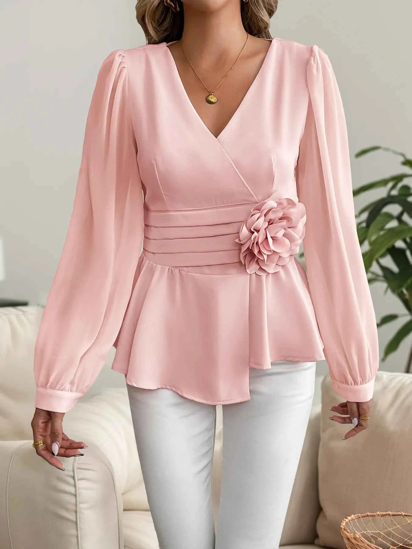 Flower Surplice Long Sleeve Blouse.