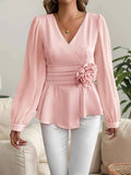 Flower Surplice Long Sleeve Blouse.