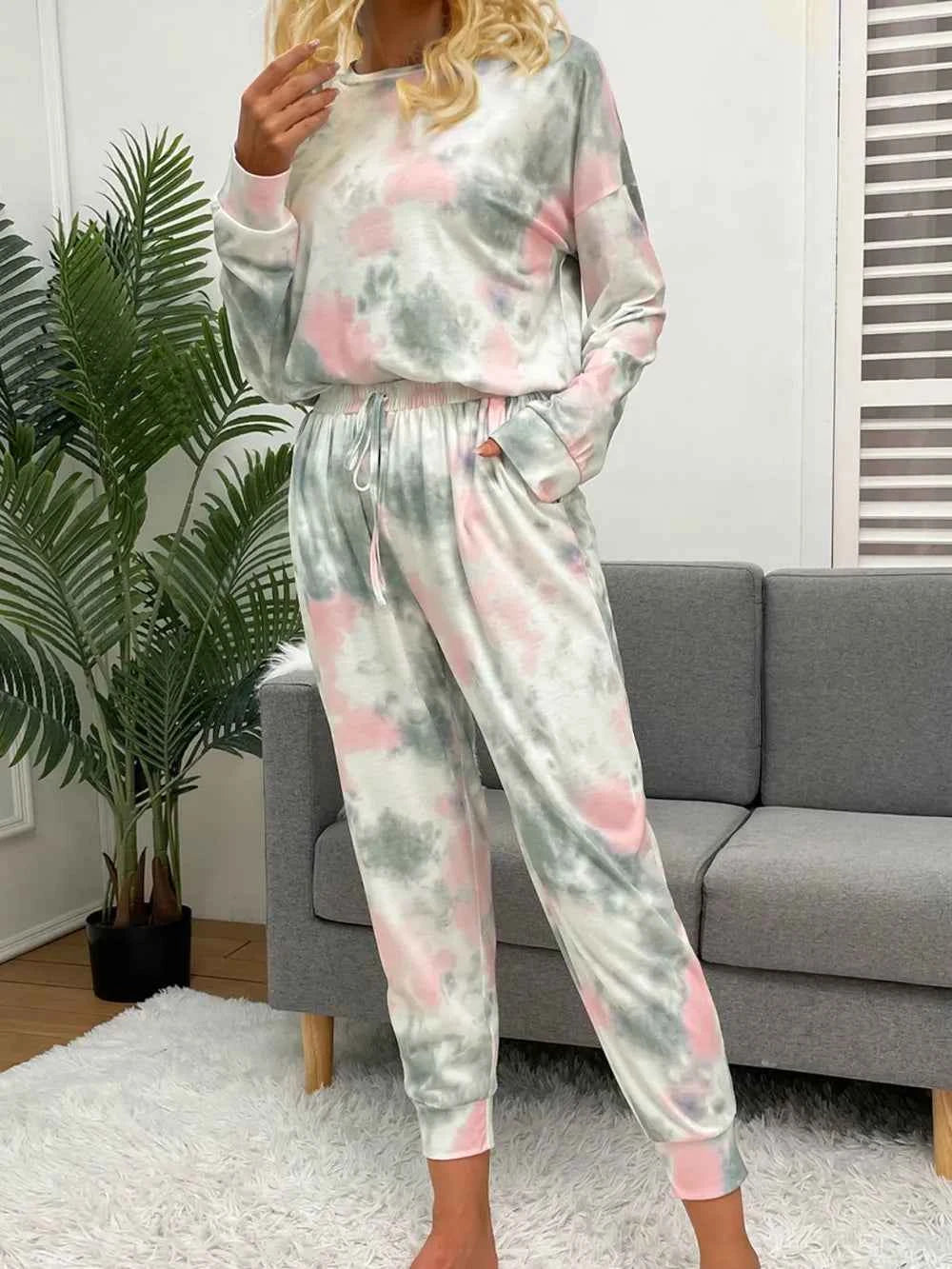 Shiny Tie-Dye Round Neck Top & Drawstring Pants Lounge Set.
