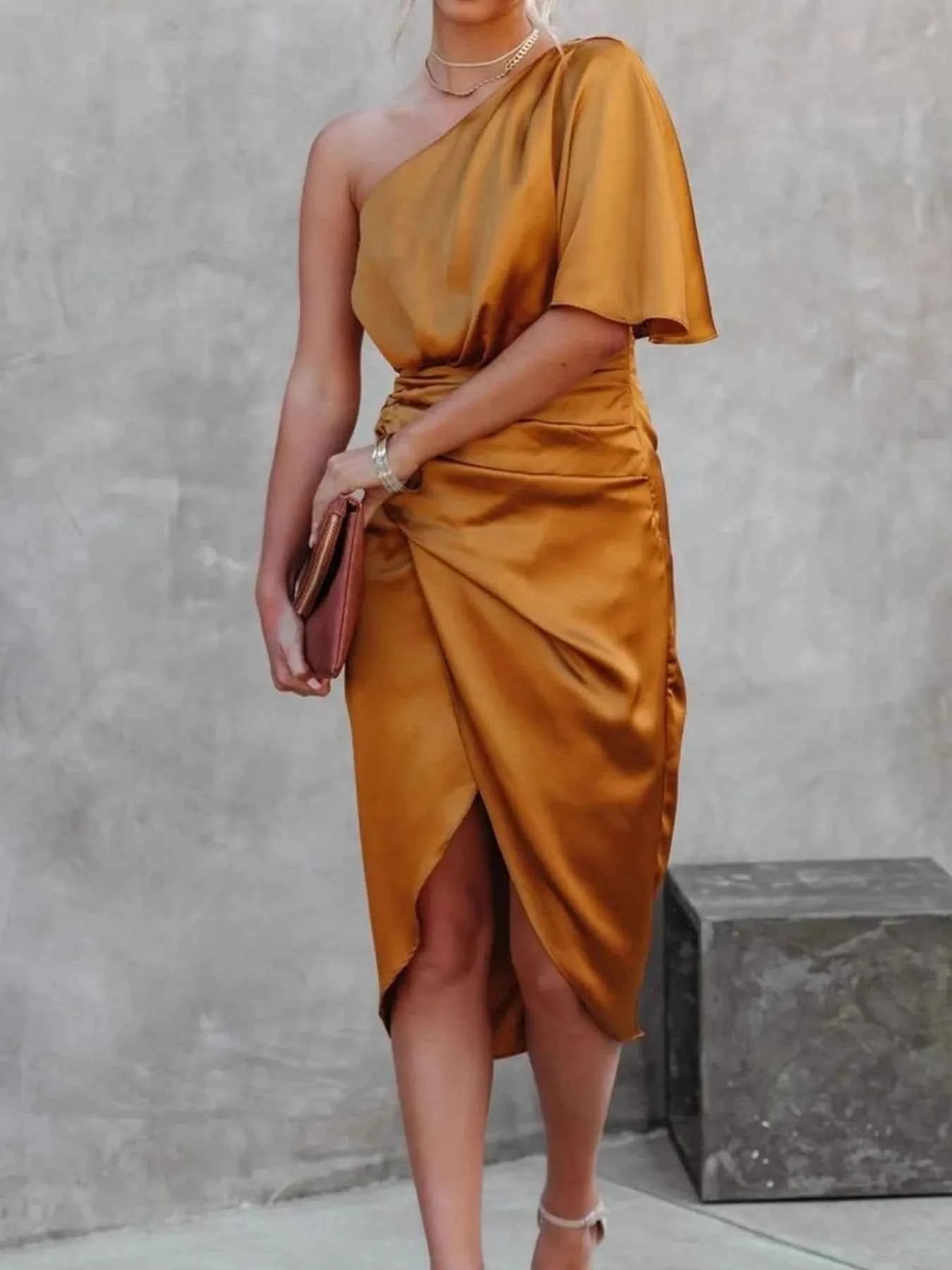 One-Shoulder Satin Wrap Dress with Side Slit.