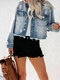 Distressed Raw Hem Denim Jacket.