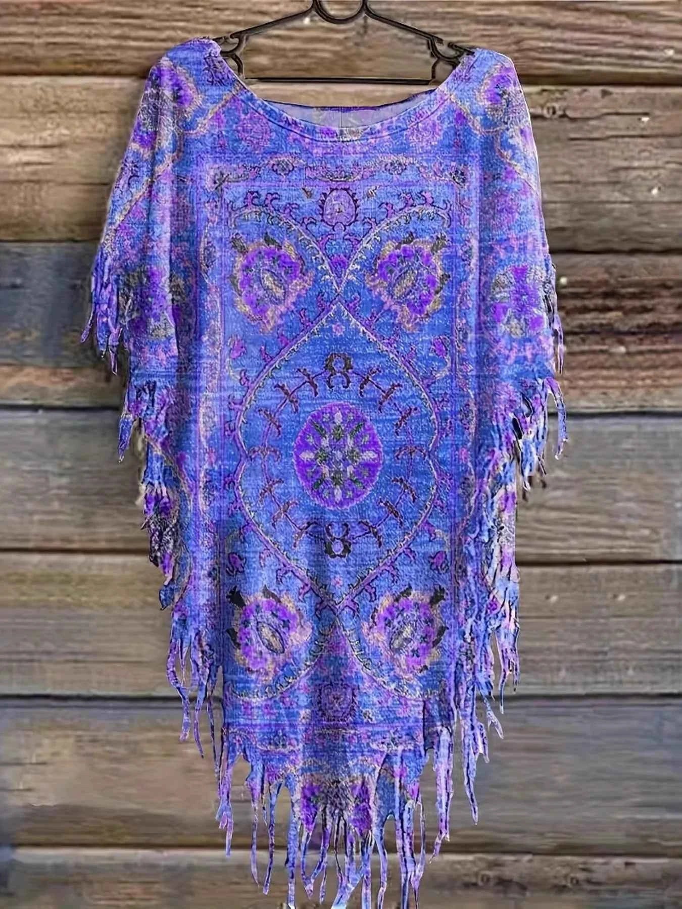 Plus Size Fringe Round Neck Cover-Up.