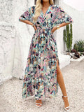Slit Printed Surplice Maxi Dress with Half Sleeves.