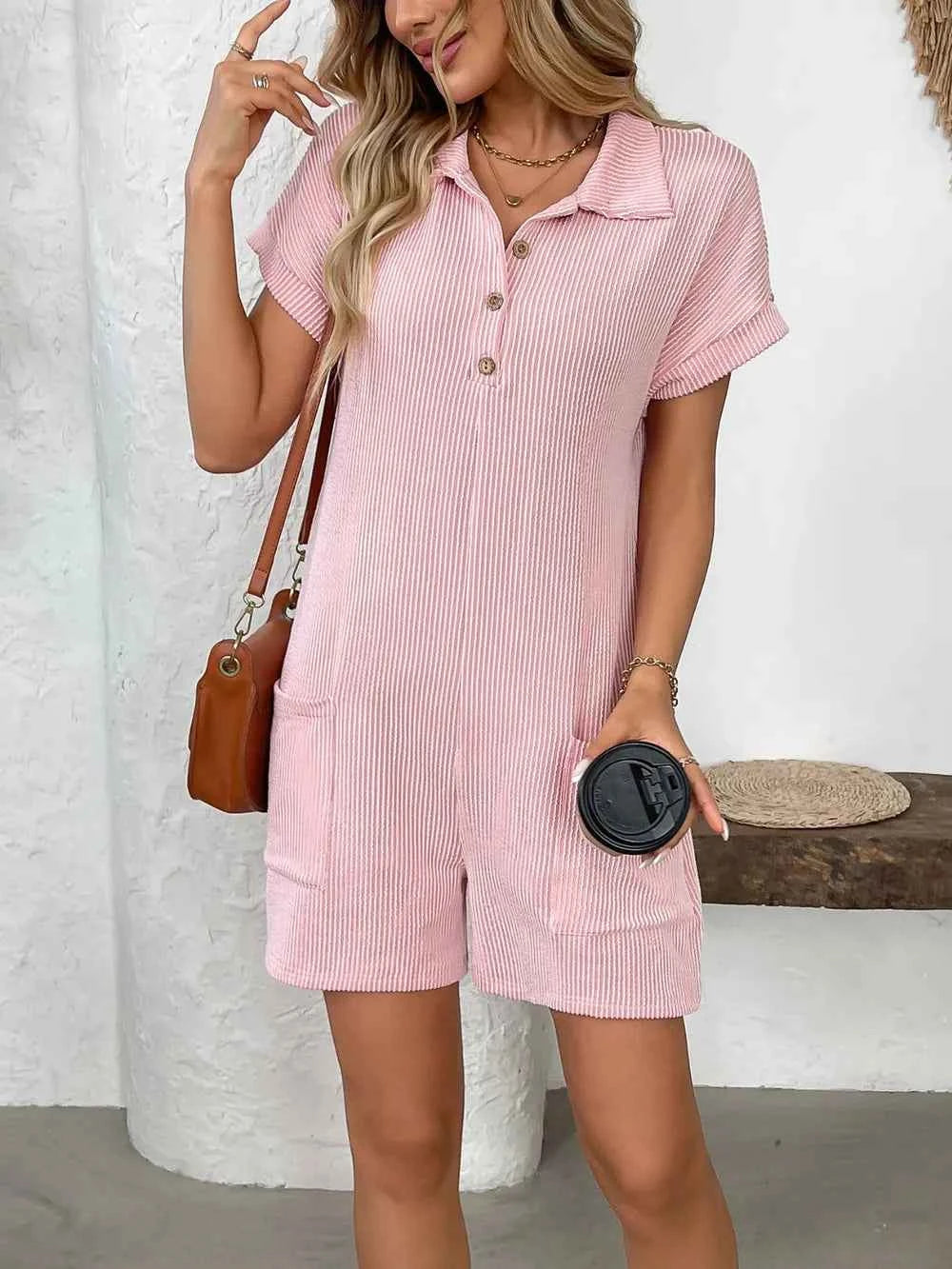 Button Detail Collared Neck Short Sleeve Romper.