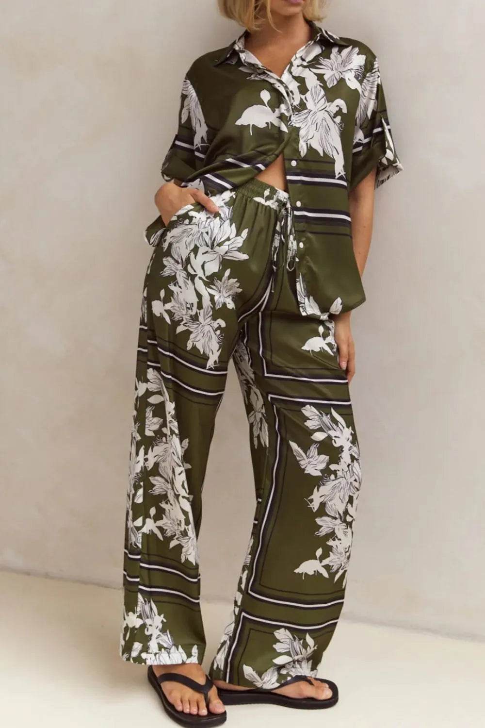 Printed Button Up Shirt and Pants Set - EBYNN
