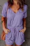 Full Size Drawstring V-Neck Short Sleeve Romper.