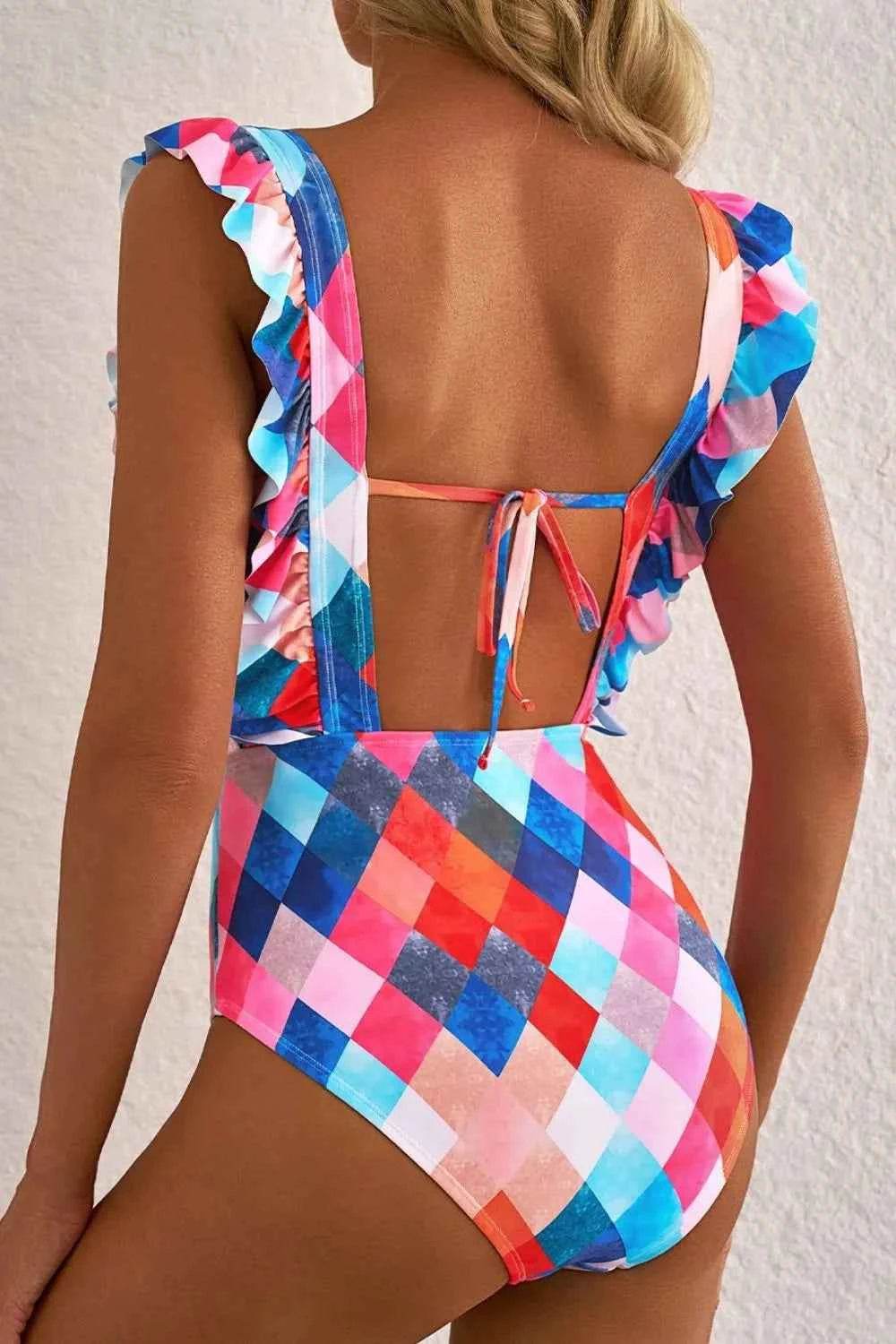 Multicolor Plaid Print Backless One-Piece Swimwear.