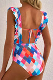 Multicolor Plaid Print Backless One-Piece Swimwear.