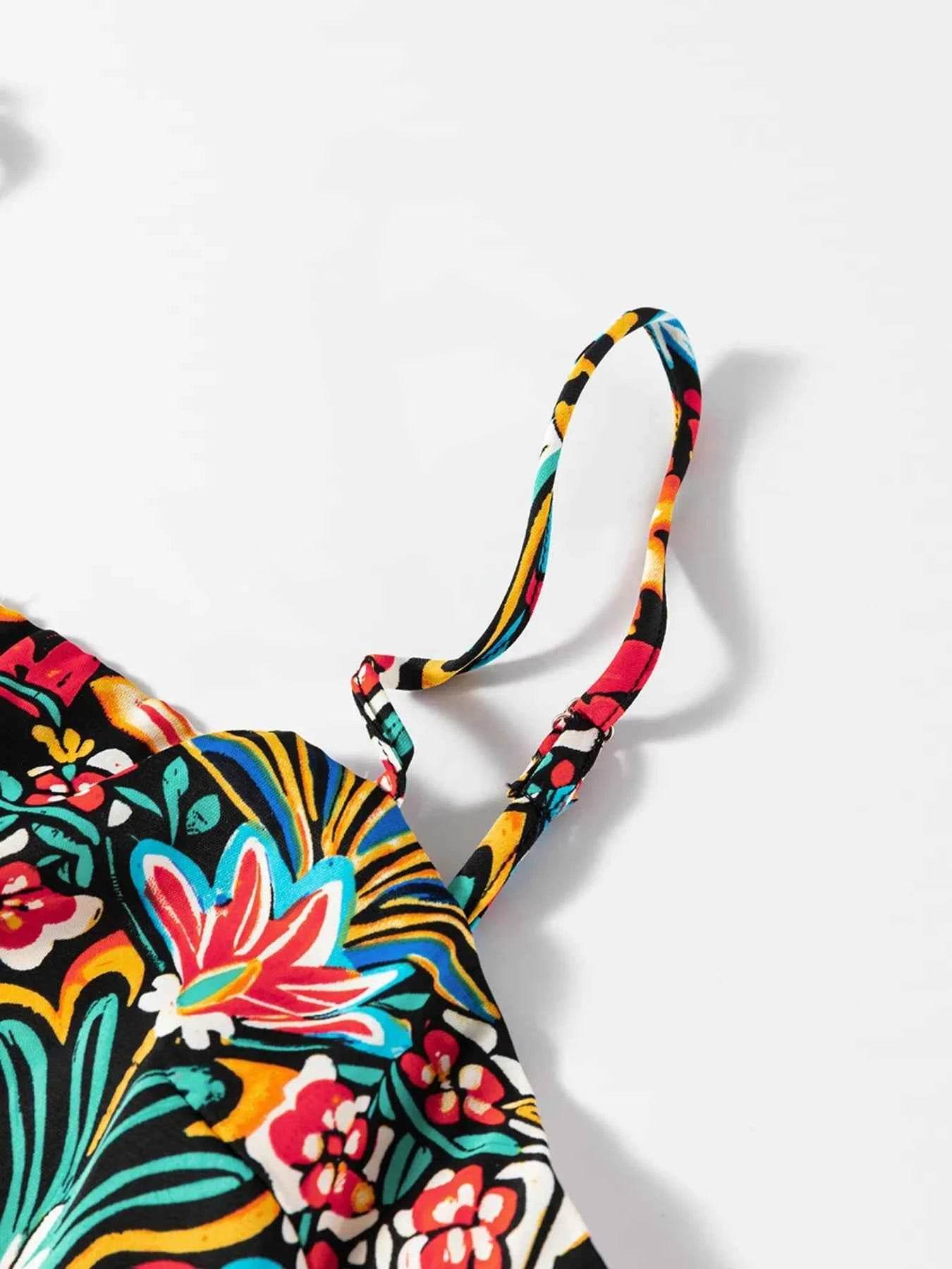 Floral Print High Waist Maxi Dress with Thin Straps.