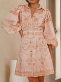 Printed Button Down Shirt Dress with Belt.