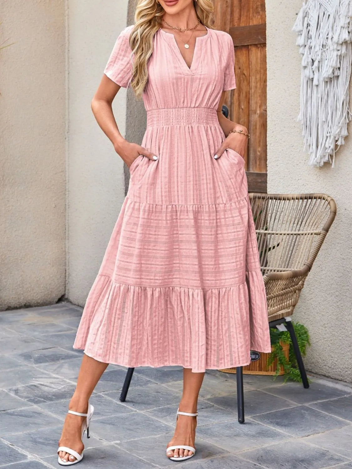 Tiered Notched Short Sleeve Dress.