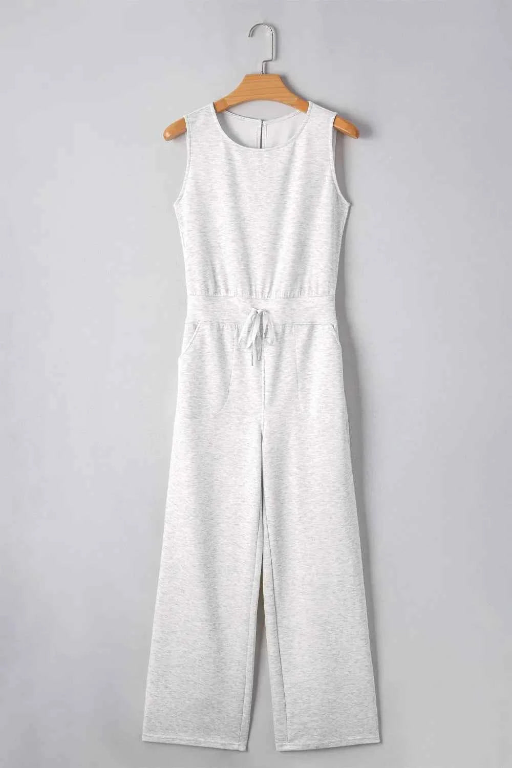 Solid Color High Waist Sleeveless Jumpsuit with Drawstring.