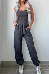 Cutout Square Neck Wide Strap Active Jumpsuit.