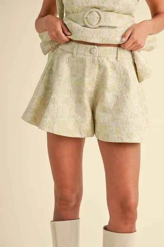 MABLE Floral Jacquard Peplum Top and Flare Shorts Set - EBYNN