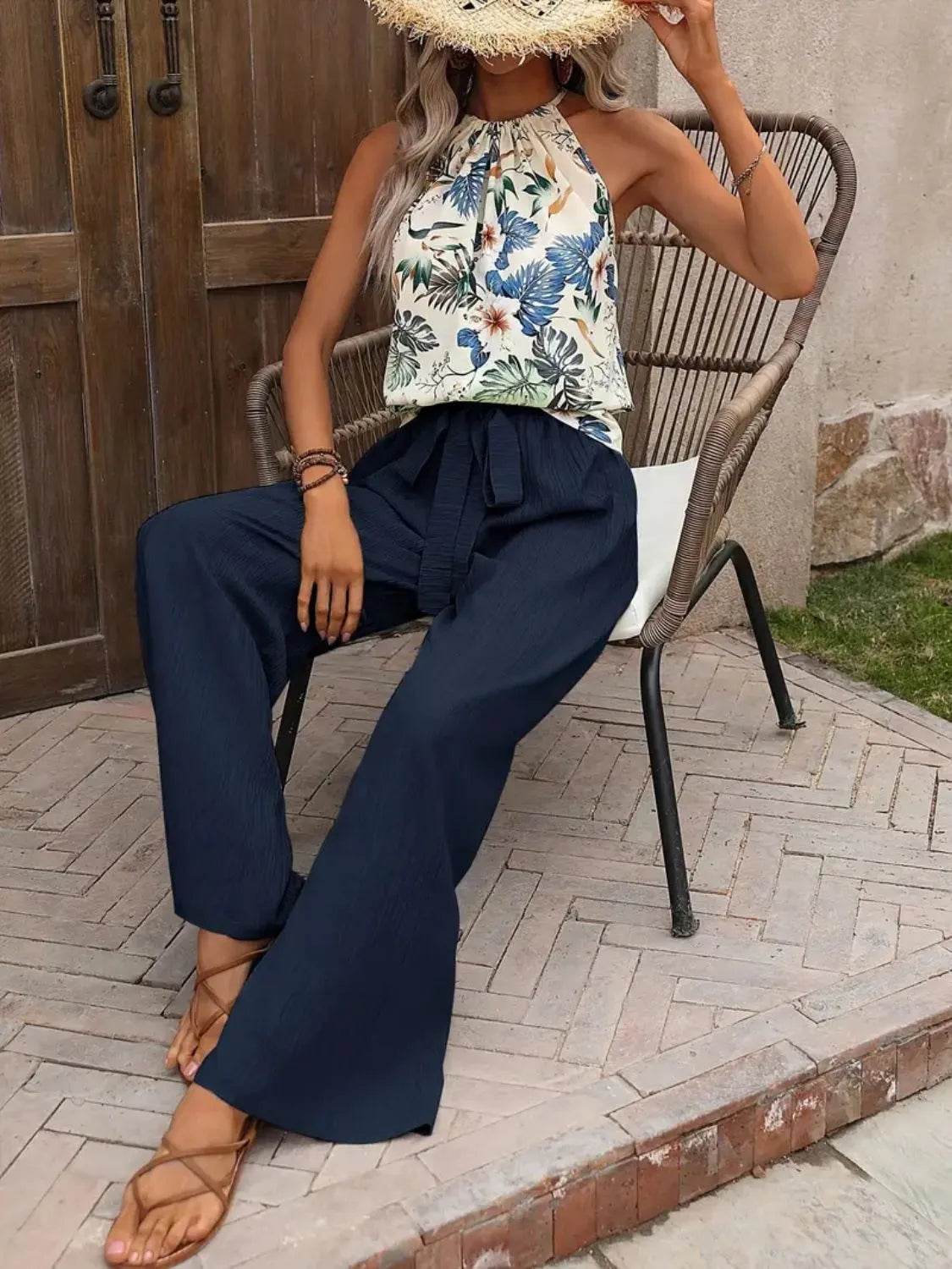 Printed Tank Top and Wide Leg Pants Set for Effortless Style - EBYNN