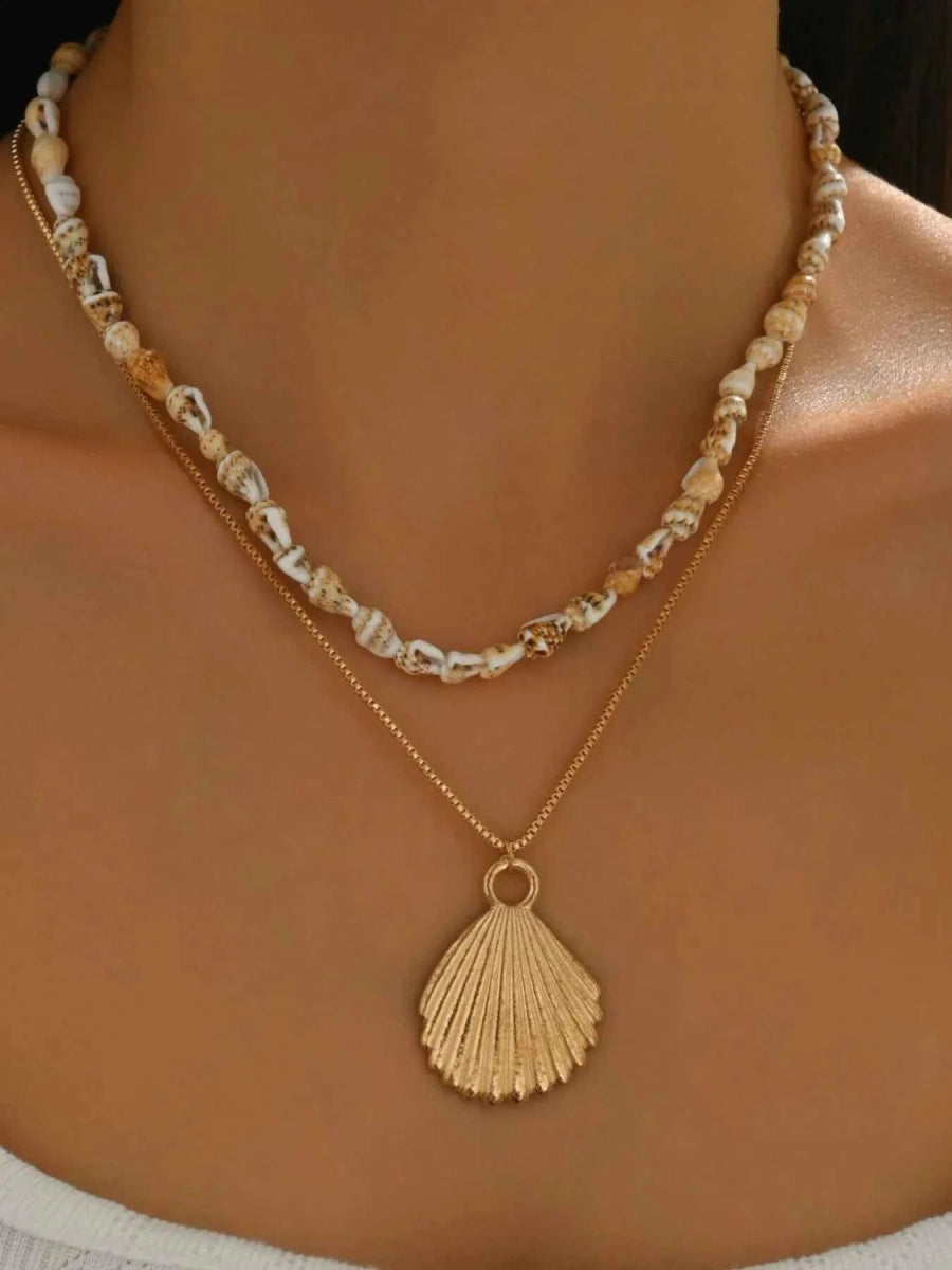 18K Gold-Plated Layered Shell Pendant Necklace.