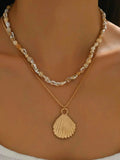 18K Gold-Plated Layered Shell Pendant Necklace.